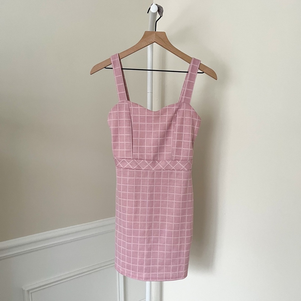 EVERLY JUNE Pink Plaid Mini Knit Tank Dress Checkered Stretch Women’s Medium - Picture 2 of 8